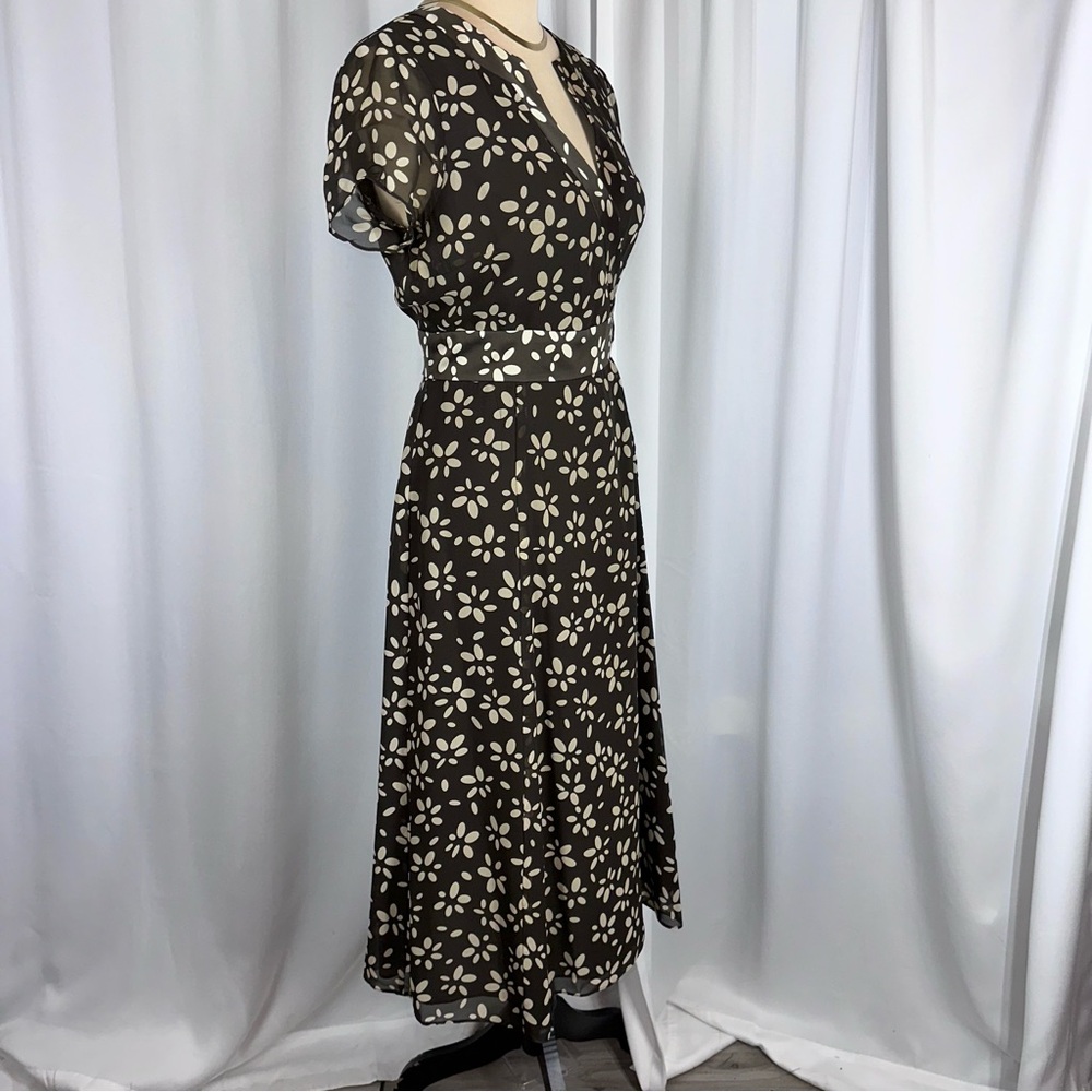 Talbots Vintage Pure Silk Midi Dress Sz 6 Brown Tan Faux Wrap‎ Bow Detail EUC - Picture 4 of 15